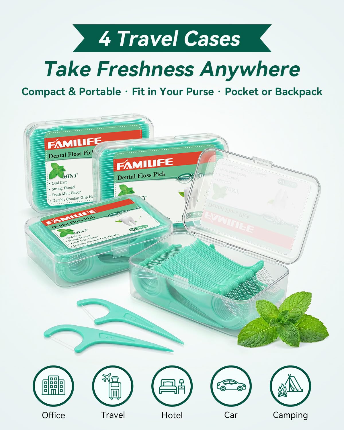 FAMILIFEFAMILIFE - Púas de hilo dental con estuche de viaje, , , Hilo de menta (240 unidades),, ]