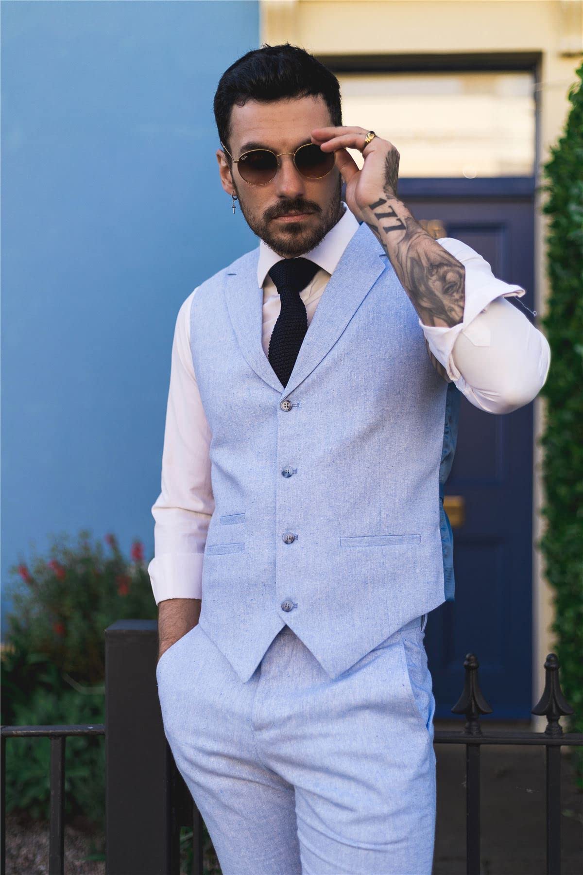 Abito estivo da uomo, in lino, elegante, formale, blu, matrimonio