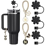 ANLABESY Compatible with Stanley Cup Accessories, 3PCS Black Straw Toppers for Stanley Cup Straw Cover Cap, 2PCS Cute Letter for 30&40 Oz Tumbler with Handle(N)