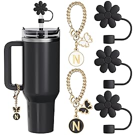 ANLABESY Compatible with Stanley Cup Accessories, 3PCS Black Straw Toppers for Stanley Cup Straw Cover Cap, 2PCS Cute Letter for 30&40 Oz Tumbler with Handle(N)