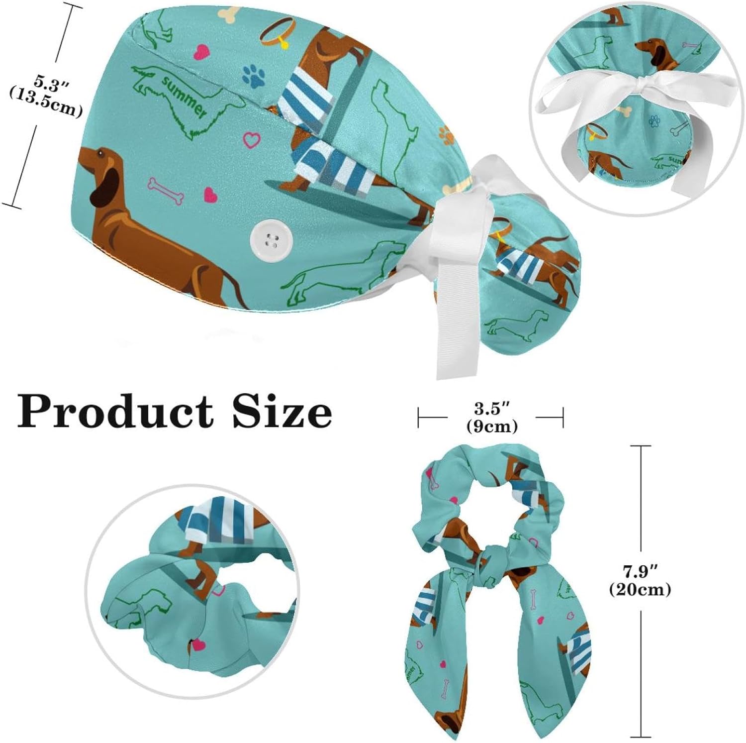 Adjustable Brown Dachshund Dog Blue Surgical Scrub Cap with Button,Sweatband for Women with Bow Hair Scrunchy - Image 2