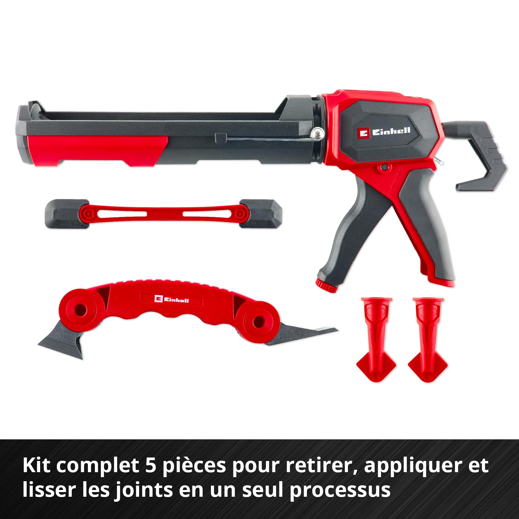 Einhell Kit pistolet à cartouche Profi, 5 pièces (rapport de force 1:12–1:24 commutable, stop goutte, outil à joints en nylon, spatule longue, 2 embouts avec angles R5/R10)