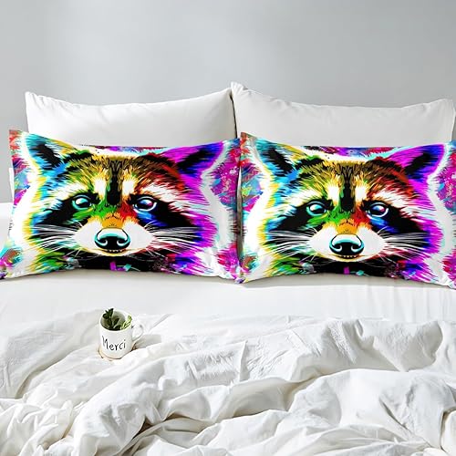 Miniatura 4 de Erosebridal Juego de sábanas de teñido anudado, tamaño individual, juego de sábanas bajeras de mapache acuarela lindo juego de ropa de cama de