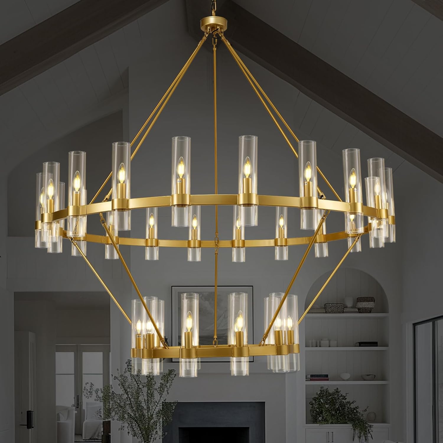 gold wagon wheel chandelier 2 tier, 60 inch chandeliers with glass shade, 30-light large chandelier for high ceiling, modern farmhouse chandeliers for living room, dining room, entryway and staircase b-gold 60"-30 light