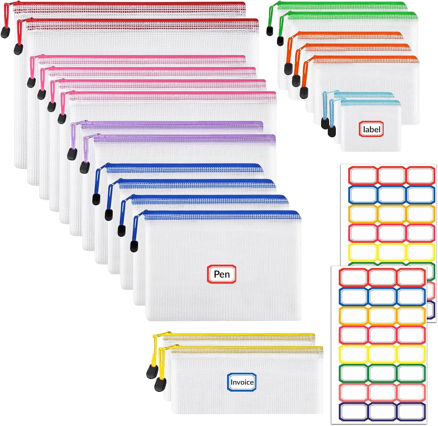 21 Piezas Bolsas Transparentes con Cremallera, Bolsa de Malla Impermeable, Bolsa para Organización Archivos, Bolsas de Plastico con Cierre Cremallera, para Recibos, Oficina, Viaje, Escolar