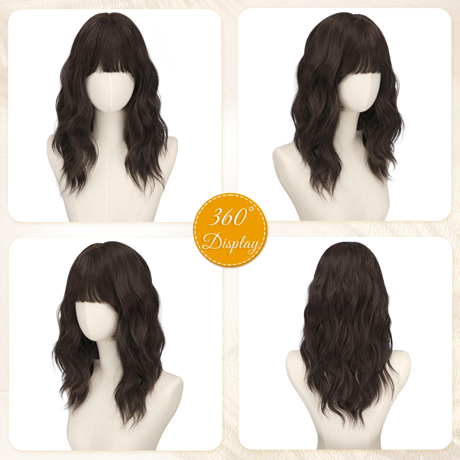 RUWISS Perruque Ondulée Brun Foncé Mi-longue 50 cm avec Frange, Naturel Layered Perruques pour Femme Cheveux Synthétiques Résistantes pour Usageet Quotidien et Cosplay