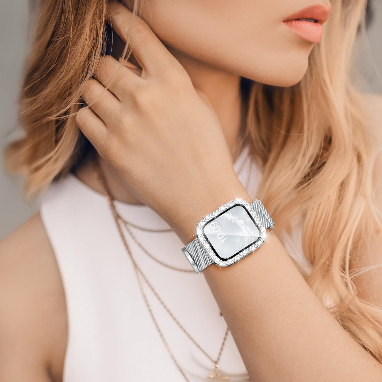 Compatible for Apple Watch Straps and Case Women, Magnetic Milanese Band and Double Row Diamond Screen Protector, Luxury & Versatile, Solve Boring Outfits, Eye-Catching for Work & Date — view 5