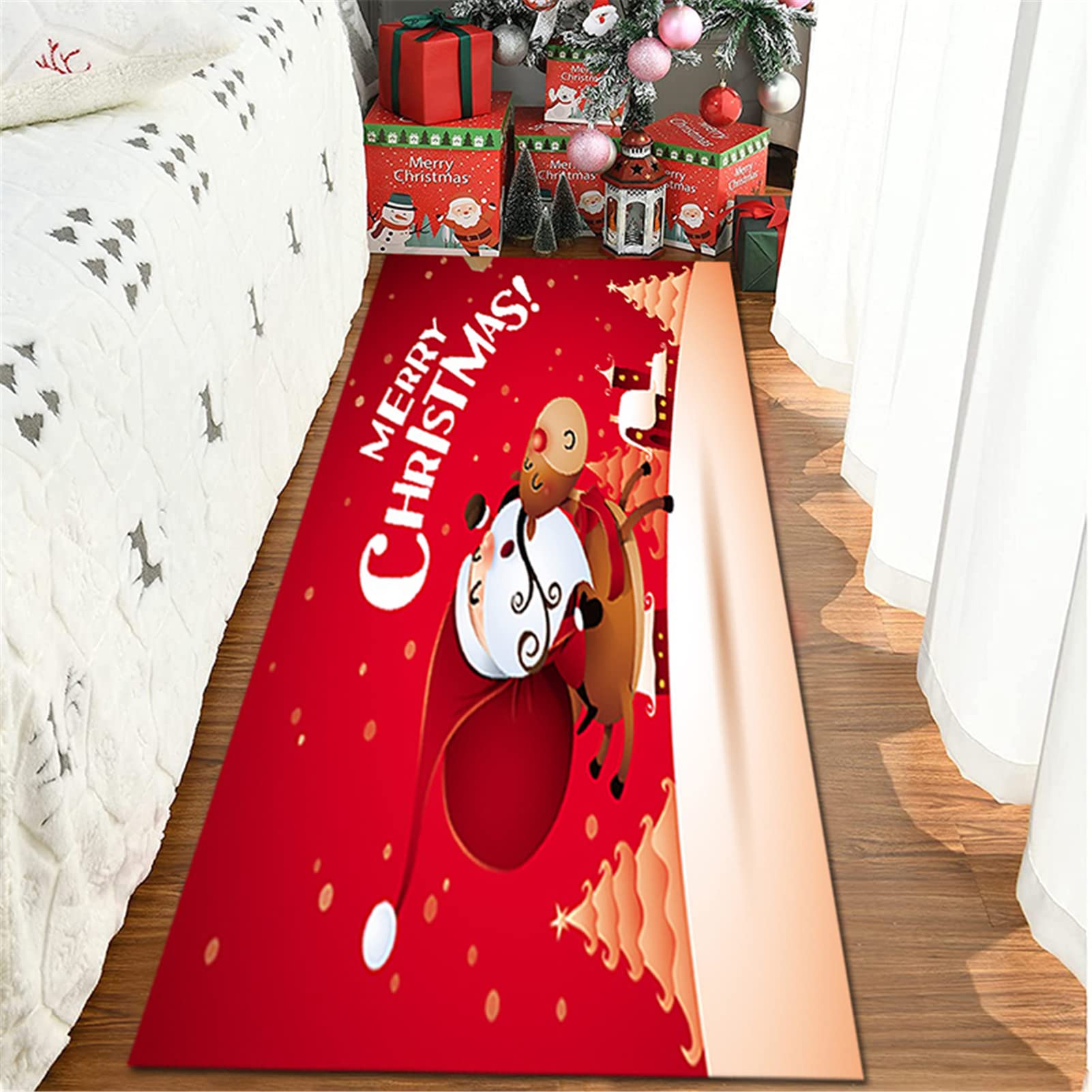Zerbino Natalizio, Tappeto di Natale Antiscivolo Tappeto Ingresso Natalizio Tappeto Passatoia del Corridoio di Natale,Tappeto Rosso per Soggiorno/Cucina/Bagno,80x200cm