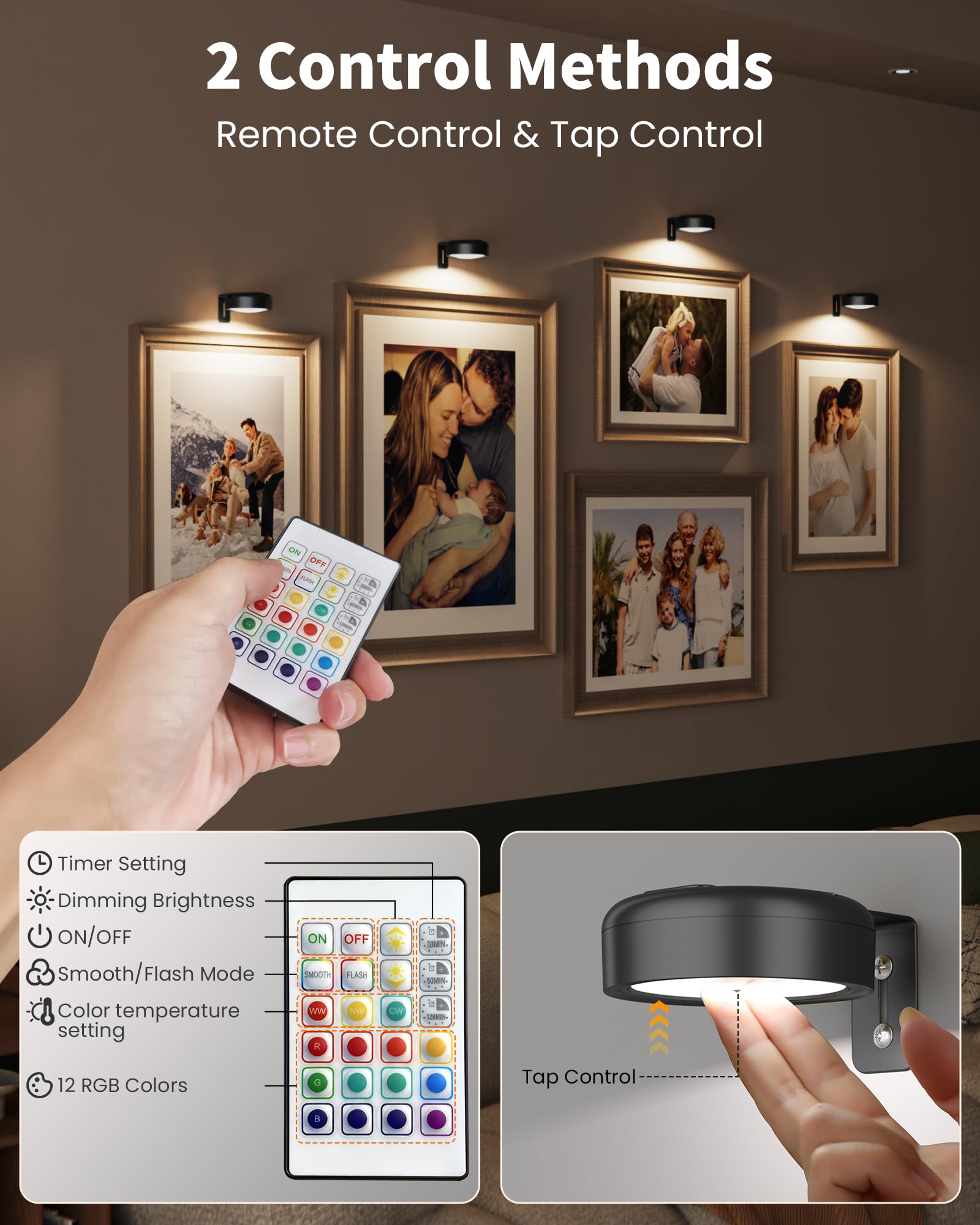 Paquete de 3 luces de imagen para pared, luces LED magnéticas recargables inalámbricas de 2000 mAh con control remoto, 3 temperaturas de color y 12 RGB, atenuación y temporizador, luz de marco