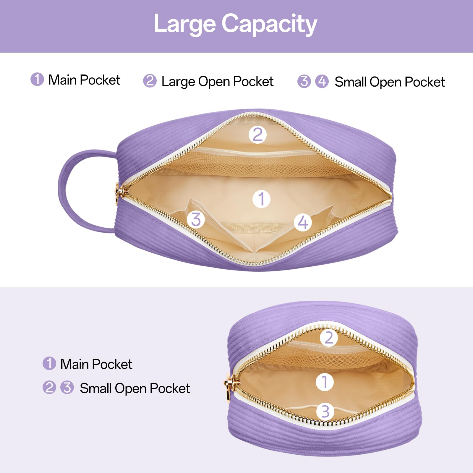 KALIDI Travel Makeup Bag for Women Corduroy Make Up Pouch with Metal Ring Zipper Portable Cosmetic Organizer Toiletry Make-up Bag for Handbags - Image 3