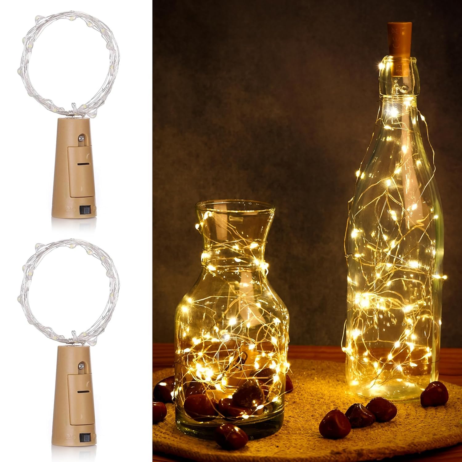 GIGALUMI 2 PCS 20 LED Bottle Cork Lights 6m | Battery Operated Mini Copper Wire Fairy Lights for Decoration | Bottle Lights for Home, Wedding, Diwali, Party (Warm White)