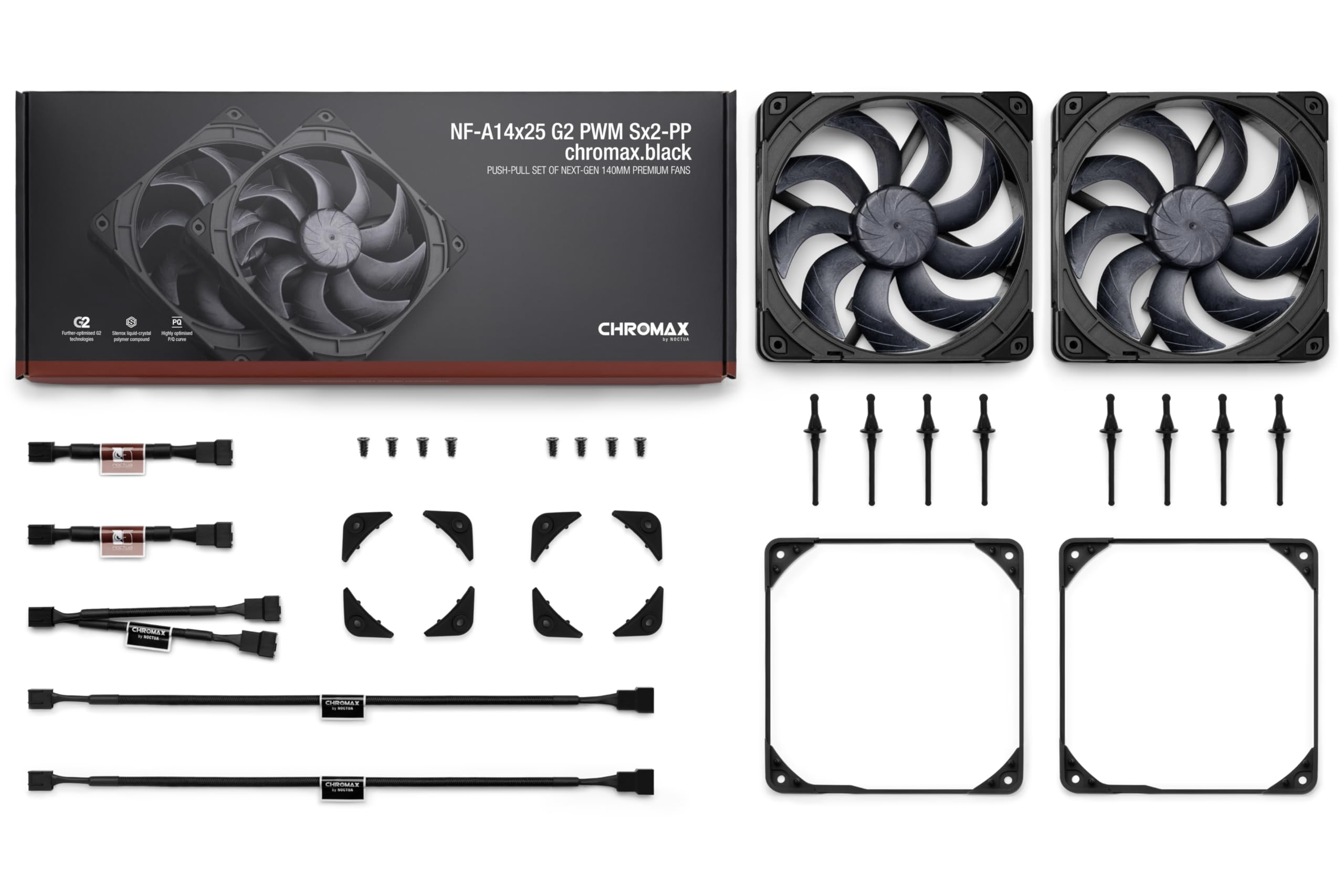 Noctua NF-A14x25 G2 PWM Sx2-PP chromax.black, Set di Due Ventole per Configurazioni di Tipo Push-Pull e Fianco a Fianco (Nero)