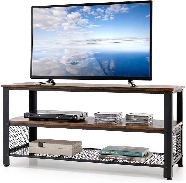 CASART TV Stand for TVs up to 50, 3 Tiers Wooden Entertainment Center Storage Display Unit, Steel Frame TV Cabinets Console Table for Living Room Bedroom Office