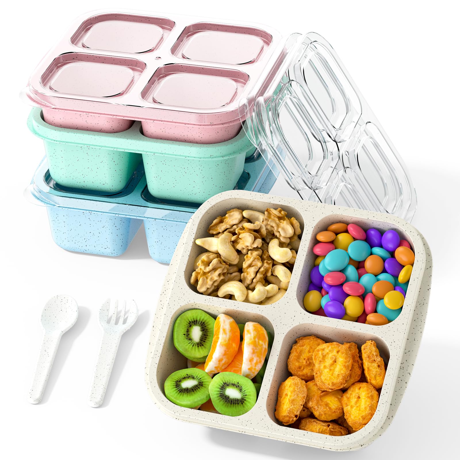 CSQLJ Snack Containers(4 Pack), 4-Compartment Meal Prep Containers, Reusable, Snack Boxes for Kids & Adults, Food Storage Containers for School, Work, Travel (Green/Blue/Pk/Beige)