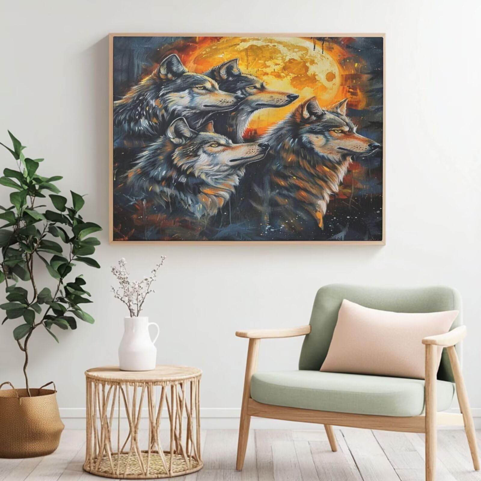 Malen nach Zahlen MK240 Malen-nach-Zahlen-Set für Erwachsene, Motiv: Wolf, Mond, Malen nach Zahlen für Anfänger, Acryl-Peinture a Numero mit 6 Pinseln, DIY-Ölgemälde, Kunst-Bastelsets für