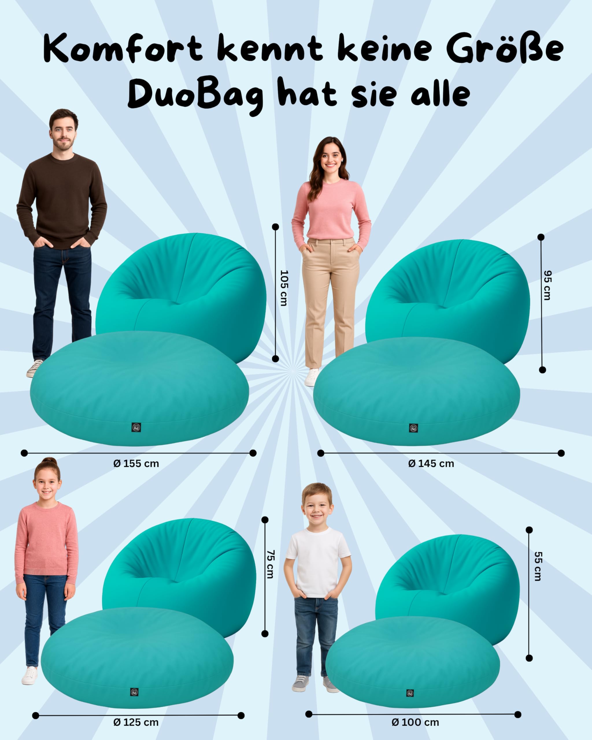 PATCH HOME Sitzsack 2 in 1 Sitzkissen Bodenkissen für Erwachsene & Kinder - Gaming mit Füllung Kissen Sessel BeanBag (Ø 125cm, Türkis)