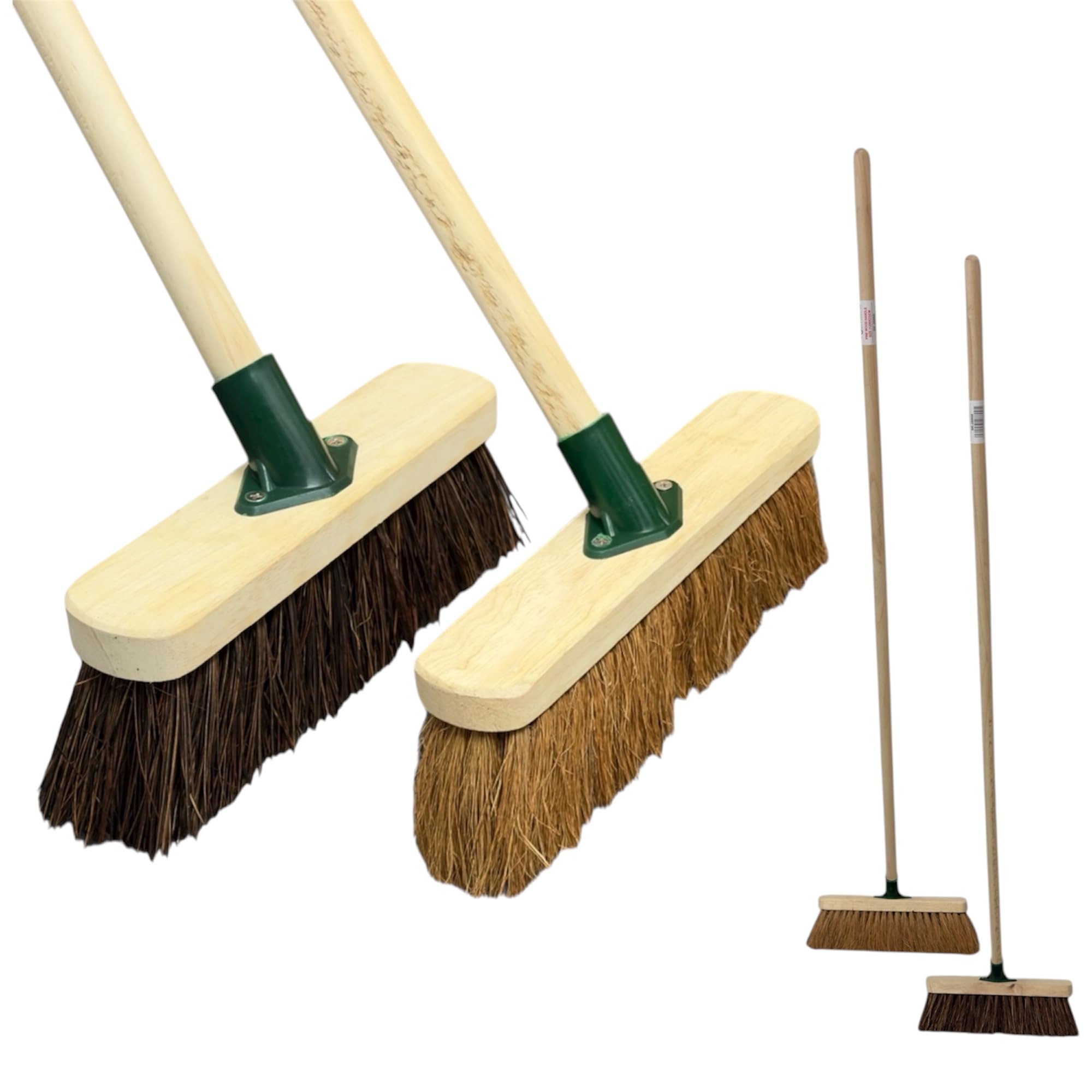 Plushé Haven Brown Twin Pack Outdoor Broom Set – 10” Soft Coco & Stiff Bassine Brushes With Wooden Handles | Heavy Duty Yard, Garden, Garage & Home Floor Sweeping Brooms – Ideal For Tiles, Laminate & Vinyl Surfaces