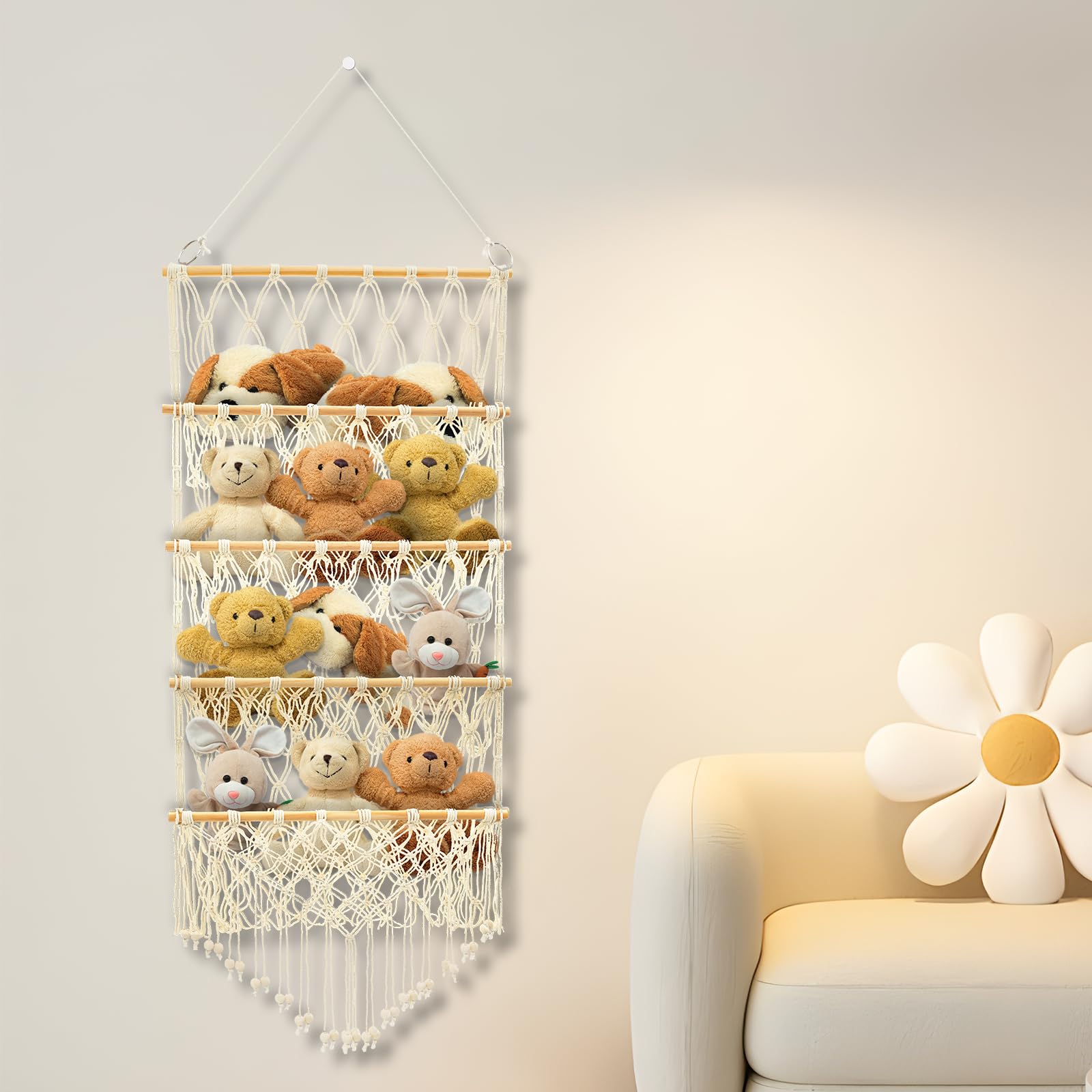 Sutowe 4-layer Versatile Plush Toy Storage Large Capacity Toy Organizer Safe Nursery Hanging Organizer Stable Stuffed Animals Holder for Kids Children Bedroom(Beige)