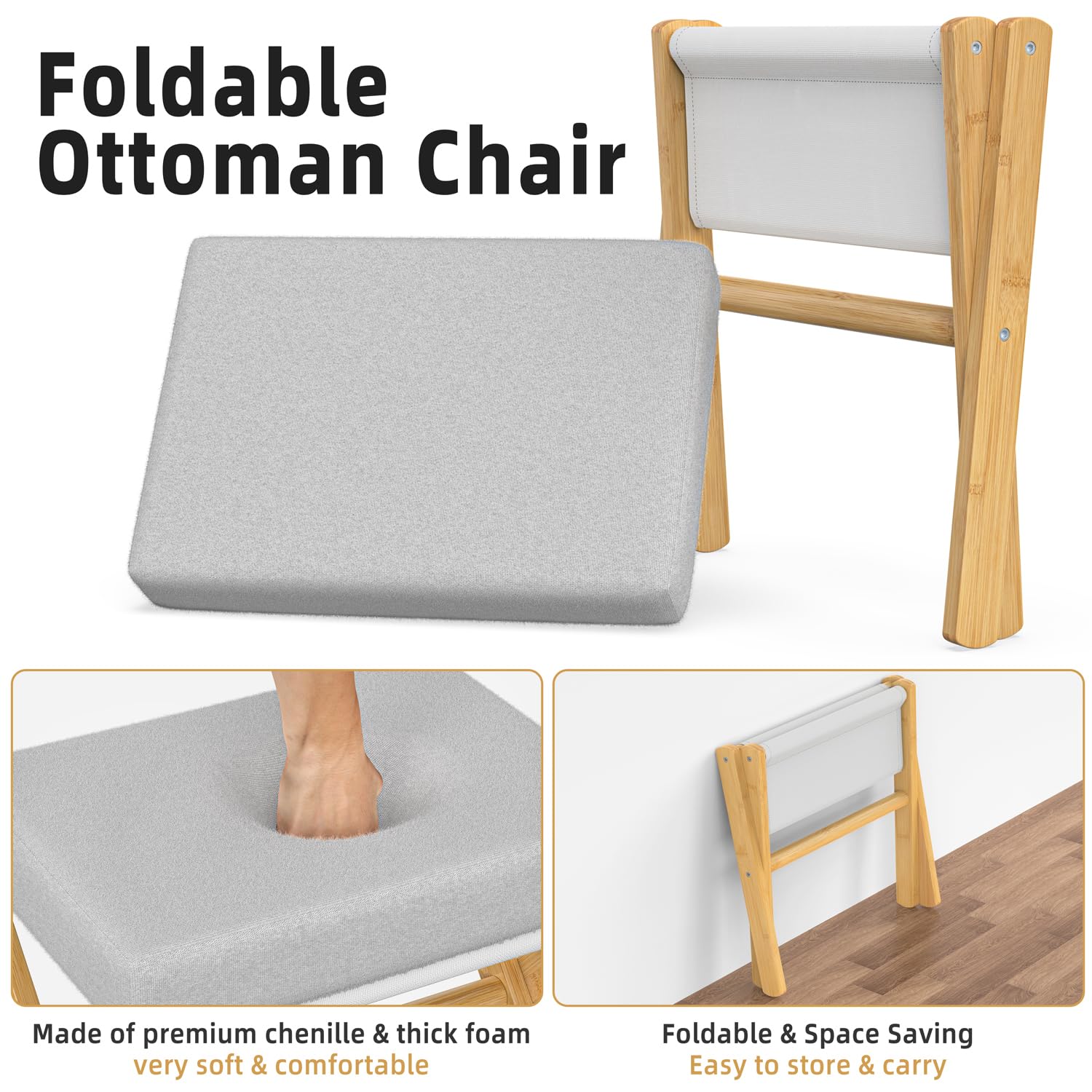 BAMBOOHOMIE Sgabello poggiapiedi pieghevole, moderno, con gambe a X in bambù e cuscino in schiuma spessa, sgabello pieghevole piccolo imbottito per camera da letto e soggiorno, poggiapiedi per sedia