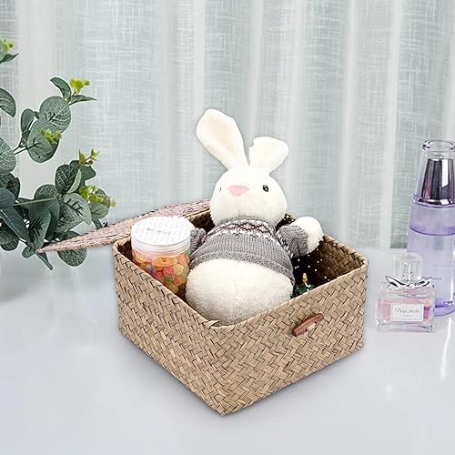 Miniatura 6 de Hipiwe Cestas de mimbre con tapa, cesta de almacenamiento tejida a mano, contenedor cuadrado multiusos para el hogar, cajas para estantes y