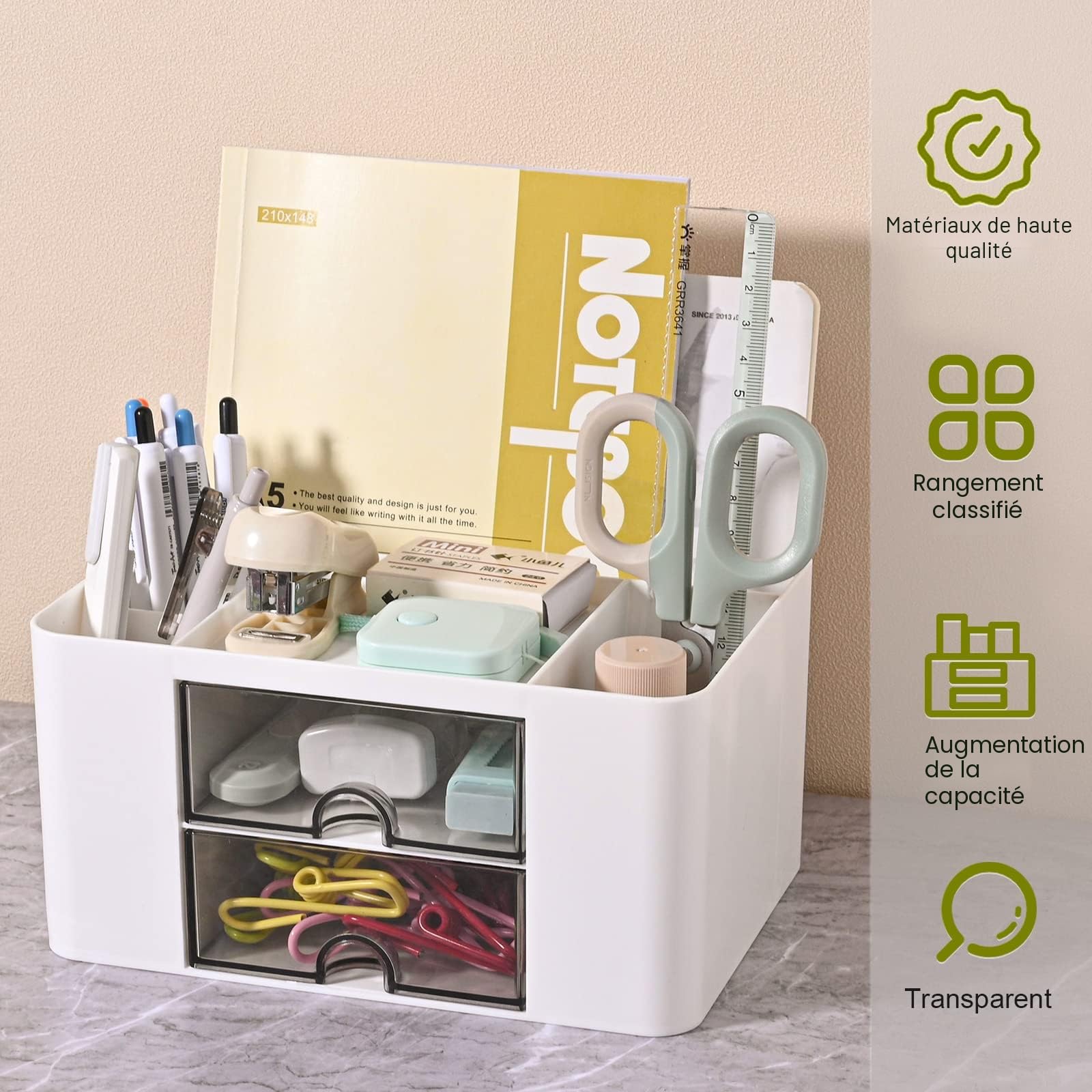 Organiseur de bureau polyvalent avec 5 compartiments, 2 tiroirs et possibilités de rangement multifonctionnelles - Idéal pour les fournitures, articles de papeterie et accessoires