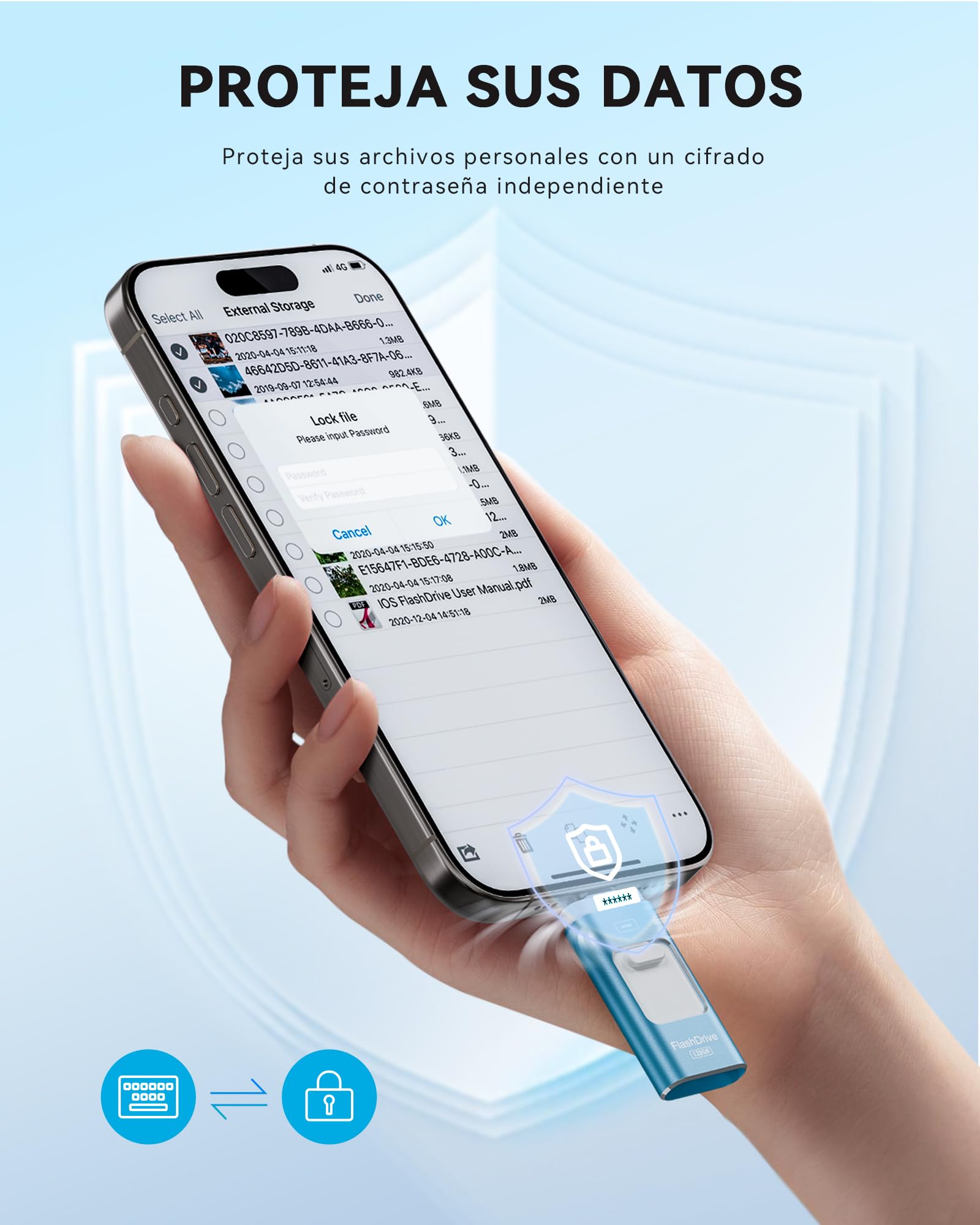 ROSPE MFi Pendrive 256GB para iPhone, Memoria USB Externa para iPhone, Pendrive USB C Lightning Compatible con Phone/iPad, Android y PC, USB 3.0 para Respaldo de Fotos, Videos y Datos de Móvil, Azul