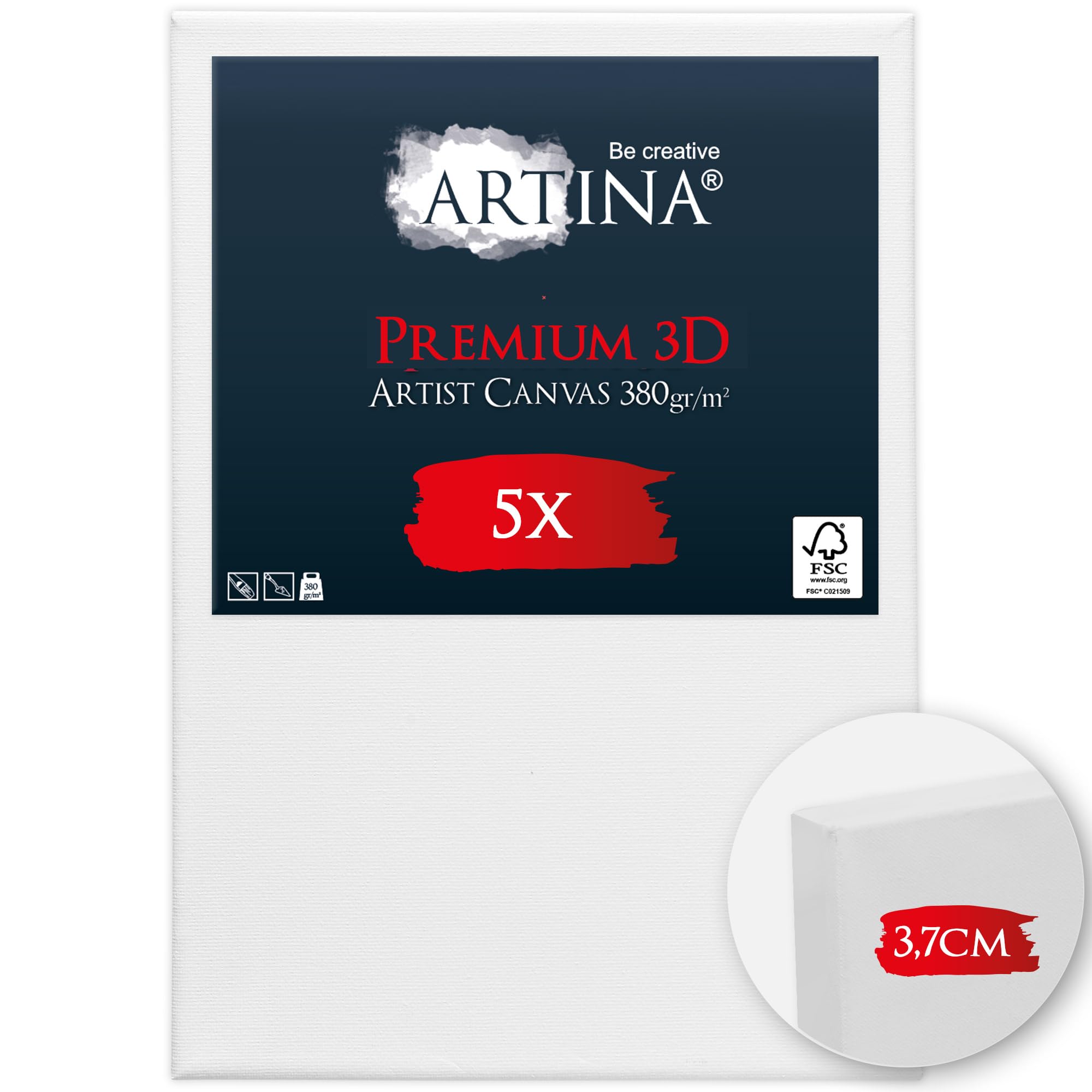 Artina 5er Set 3D Premium Keilrahmen Holz Leinwand 100% Baumwolle