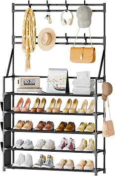 OYREL 5 Tier Shoe Rack with 8 Hooks, for 20-25 Pairs Shoes, Space Saving Shoe Storage Organizer with Side Pocket for Closet Entryway Hallway Bedroom Black