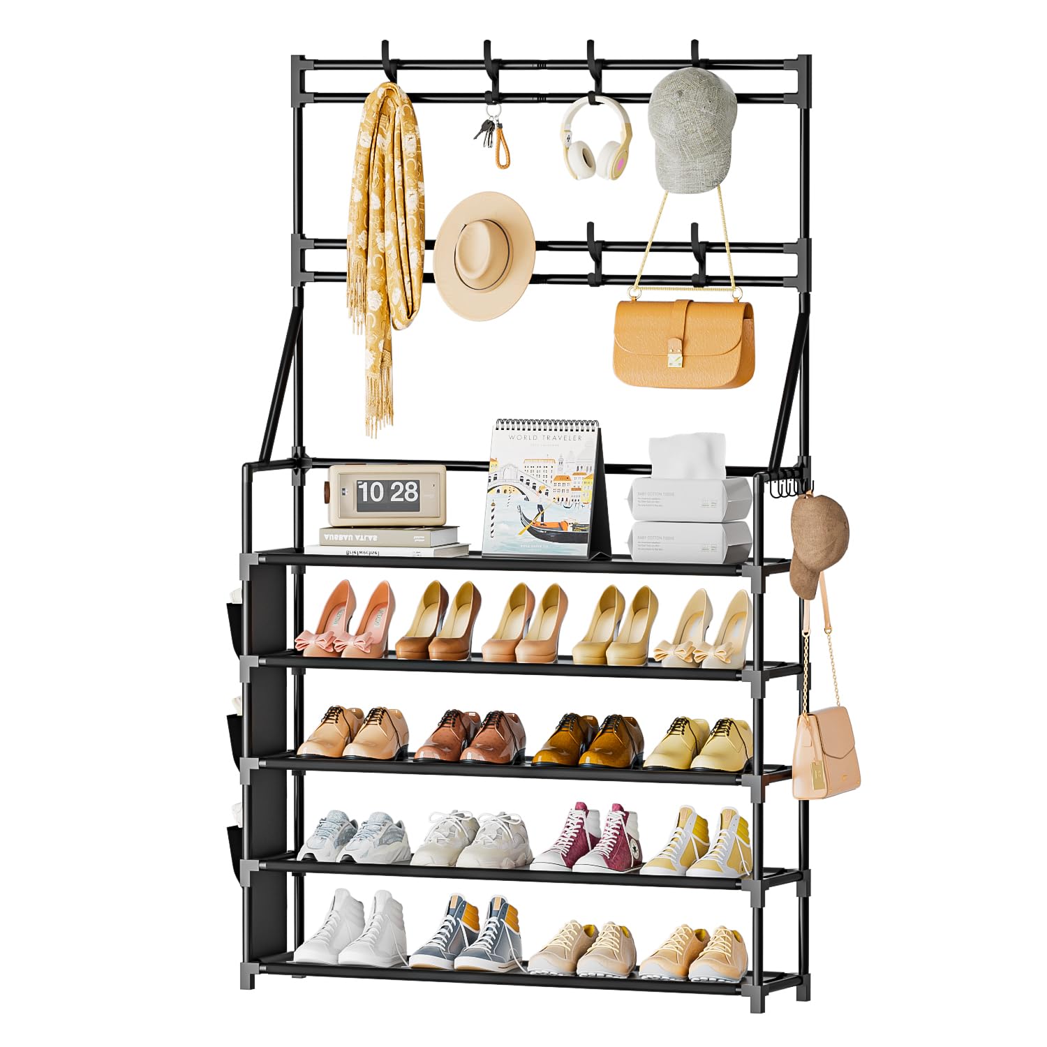 OYREL 5 Tier Shoe Rack with 8 Hooks, for 20-25 Pairs Shoes, Space Saving Shoe Storage Organizer with Side Pocket for Closet Entryway Hallway Bedroom Black