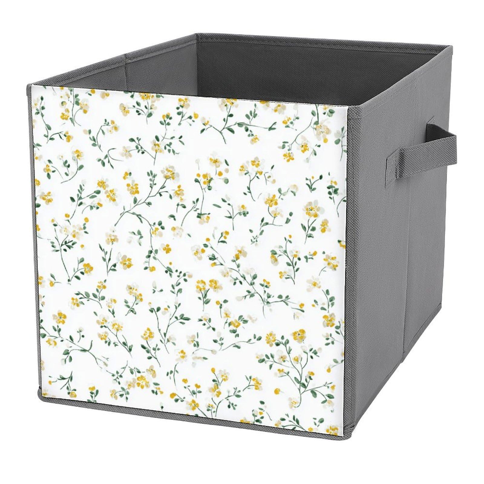 Jubonexis Tiny Dainty Pale Yellow And Green Floral Cube Storage Bins Storage Cubes Foldable Decorative Fabric Storage Baskets Home Organizers with Handles for Shelves,Closet, 27x27 CM
