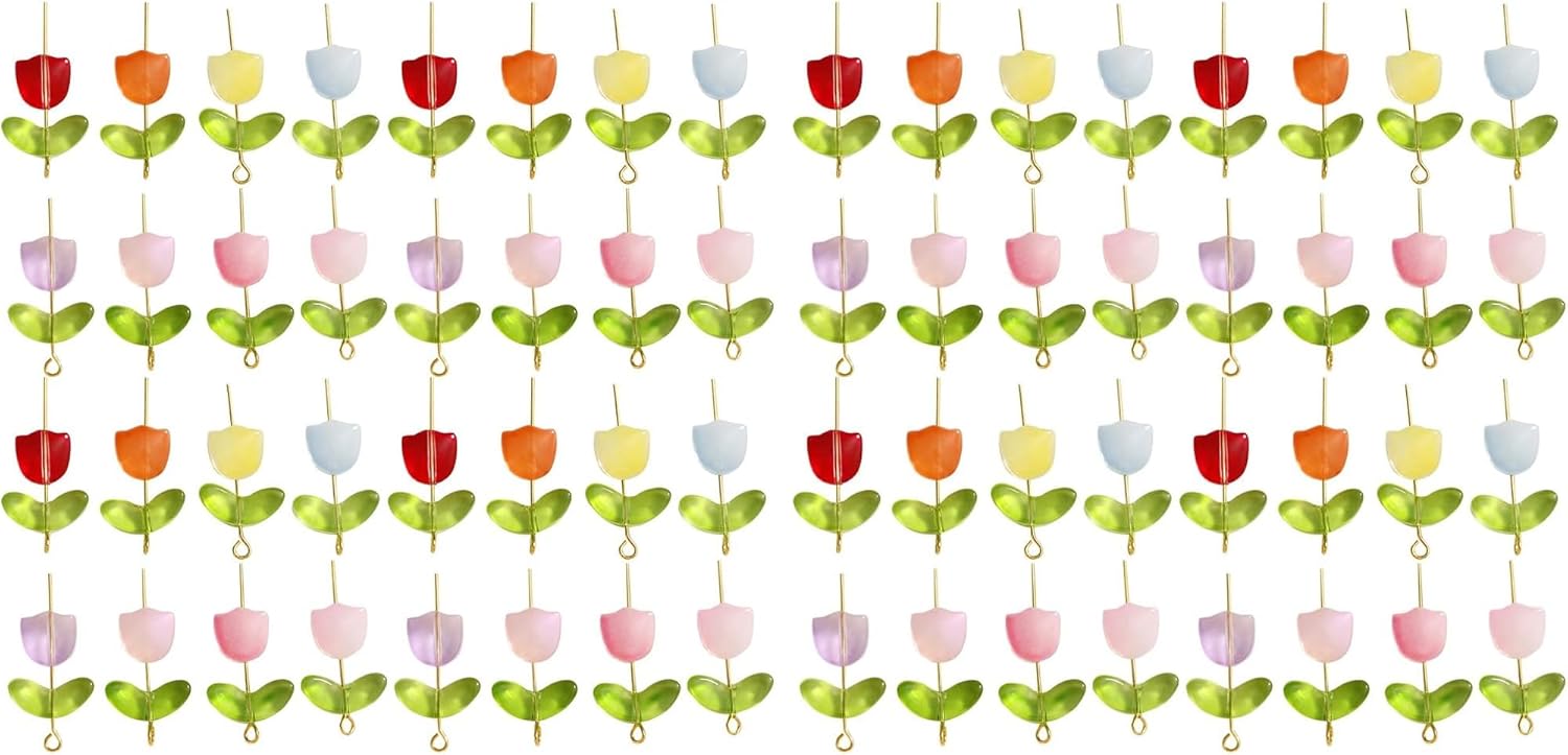 LOGOFUN 200 Pcs Tulip Flower Beads Glass Translucent Bracelet Beads Colorful Handcrafted Crystal Loose Glass Beads for DIY Jewelry Making Mothers Day Gifts (Without Needle) (Pack of 2)