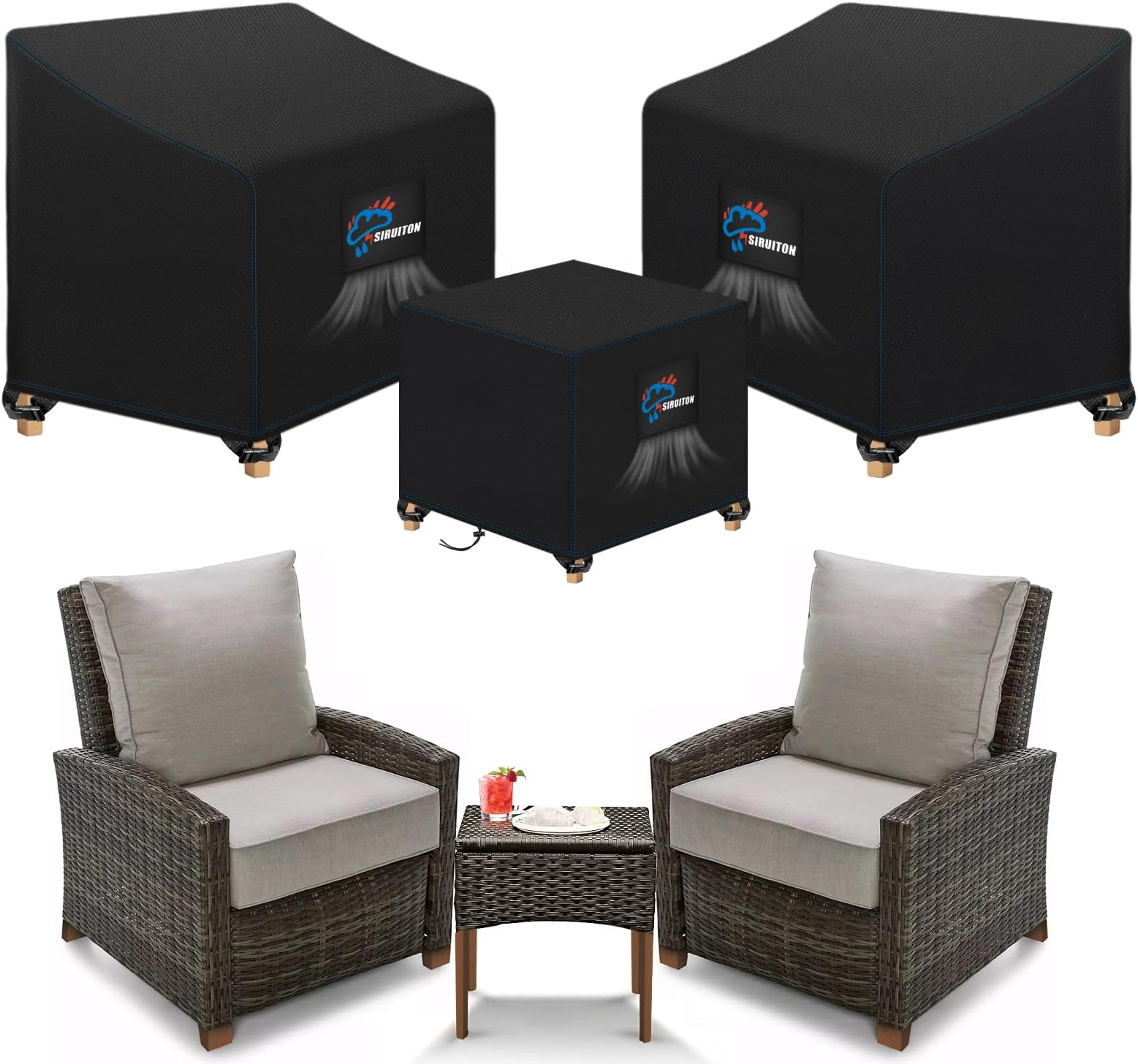 SIRUITON 3 Piece Outdoor Veranda Patio Garden Furniture Cover Set with 420D Durable and Water Resistant Fabric,Fit for Outdoor Wicker Patio Furniture Sets/Rattan Chair Conversation Sets-Balck