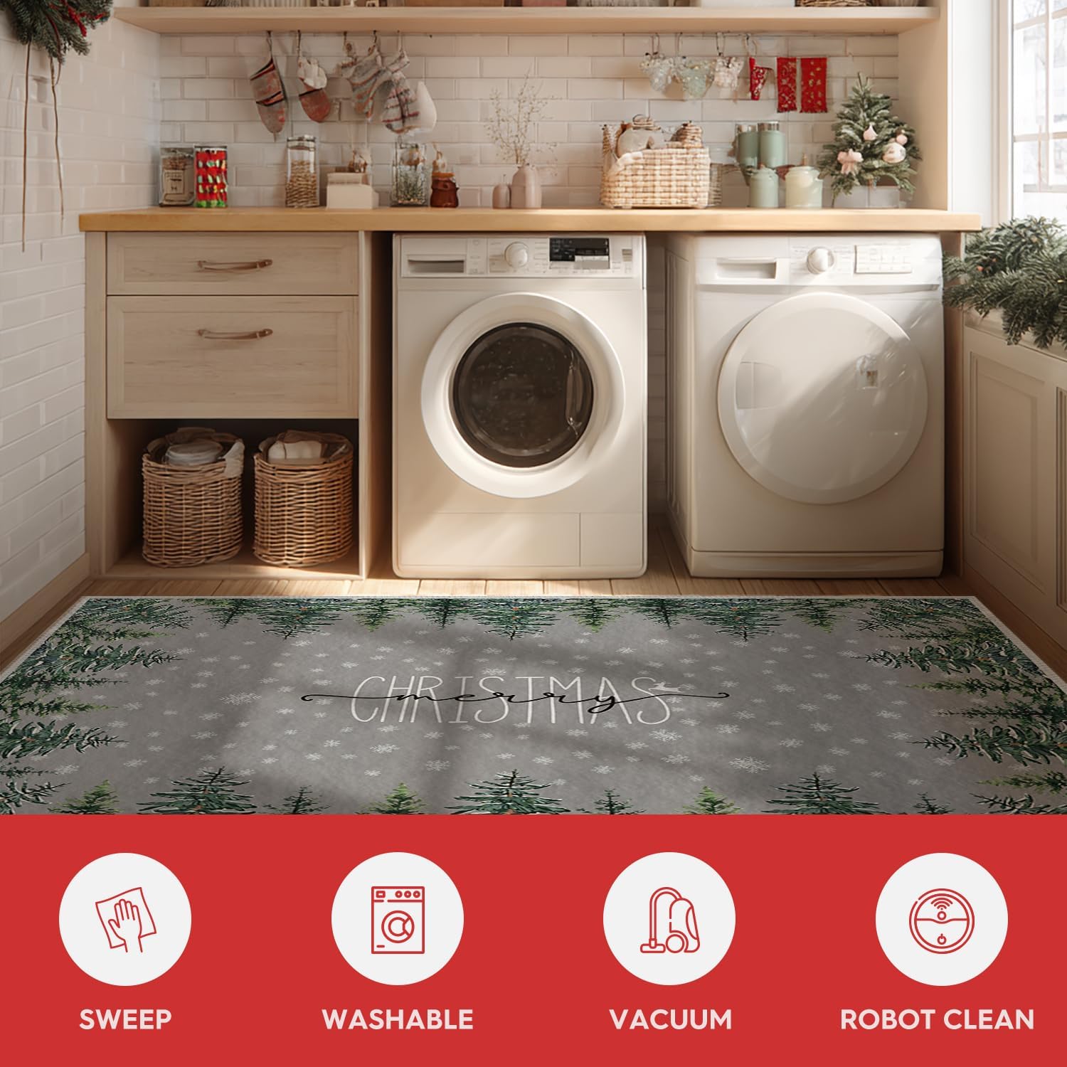 Artoid Mode Grey Pine Tree Merry Christmas Door Mat, Winter Home Decor Low-Profile Non-Slip Washable Area Rug for Kitchen Entryway Bedroom Bathroom Laundry Room Indoor 2x3 Feet