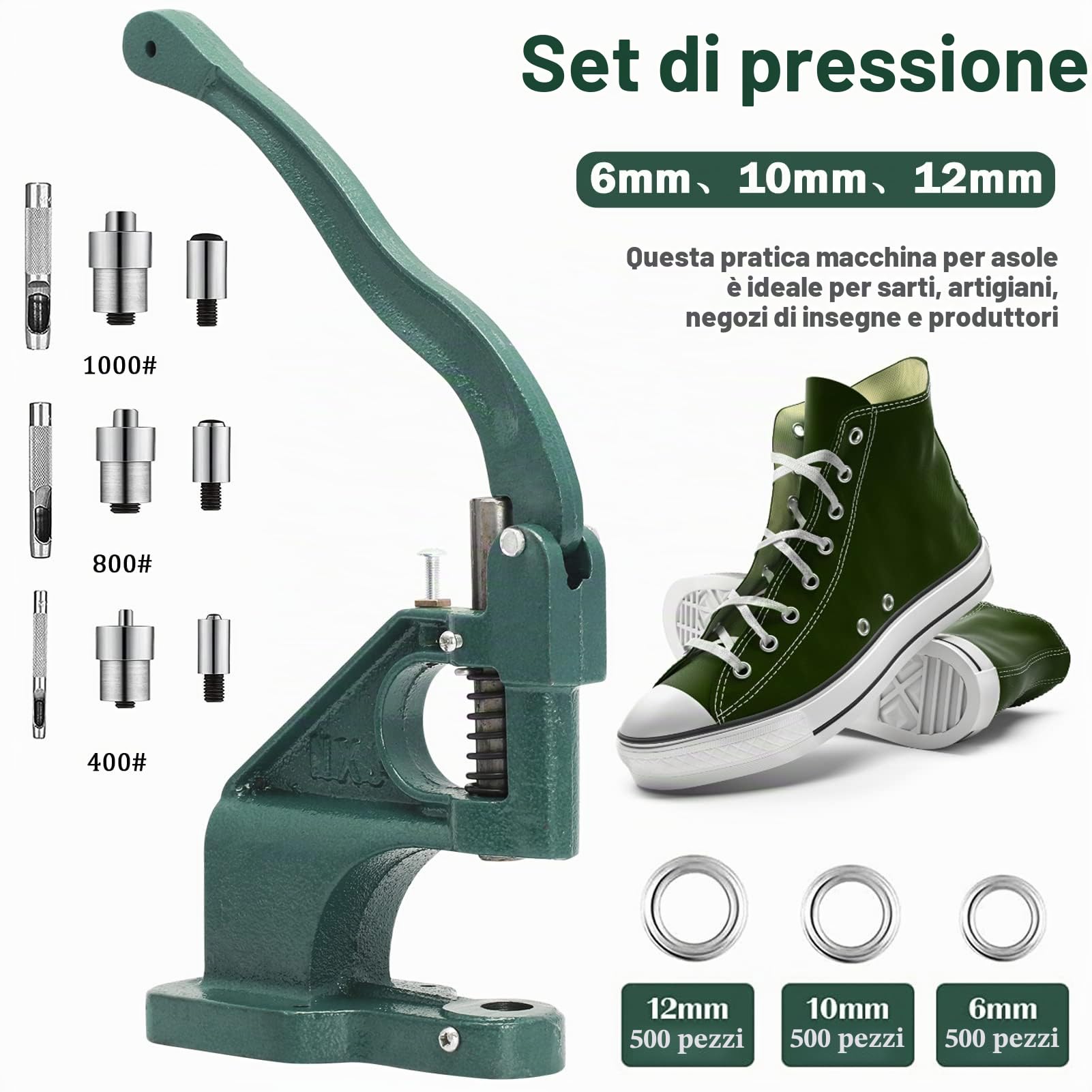Occhiellatrice Macchina Occhiello Pressatrice per 3 Matrici (6/10 / 12mm) con 1500 Gommini e 3 fori, Manuale a Pressione Pinza per Tende Cinture Borse Scarpe