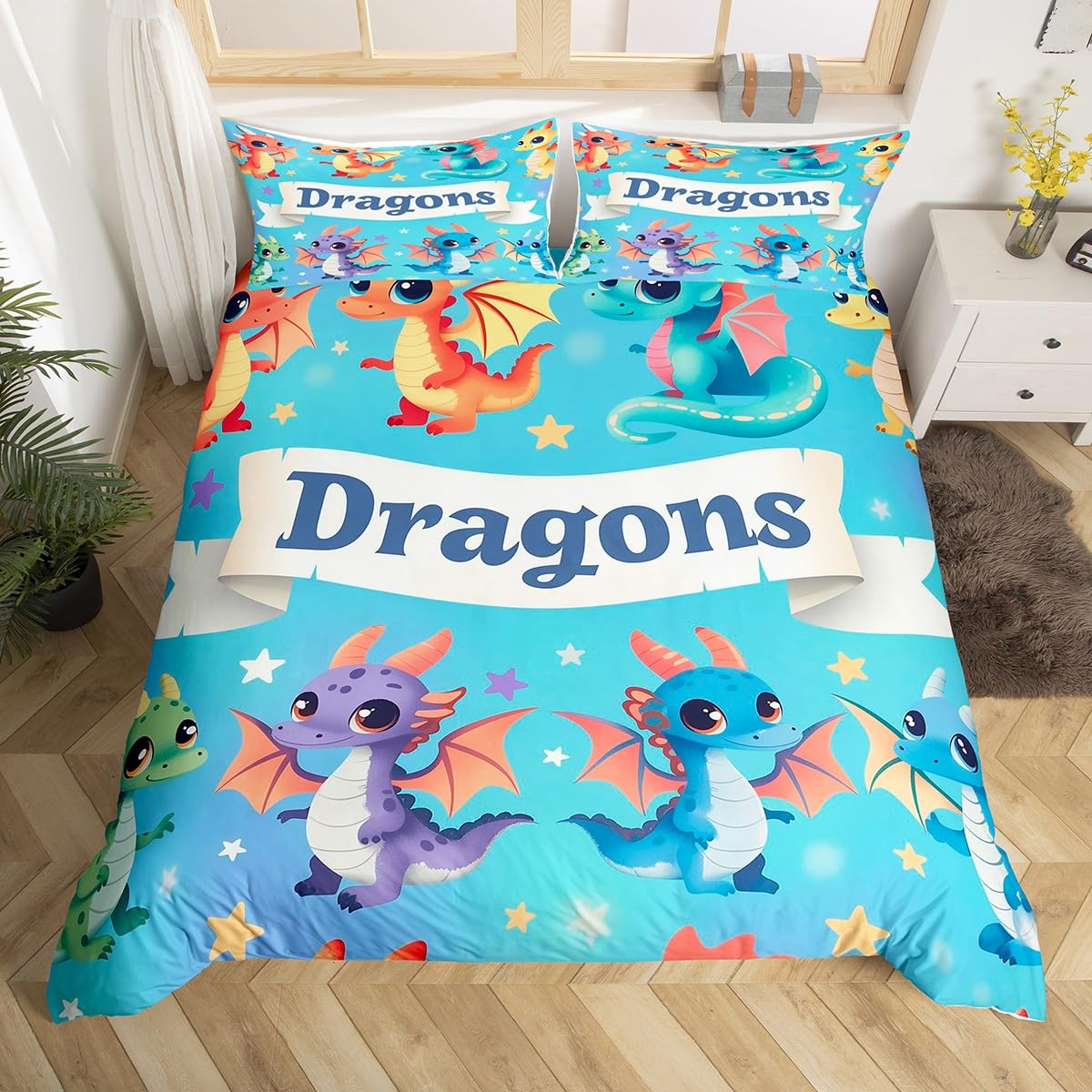 Homewish Dragon Bedding Set Kawaii Animals Duvet Cover,Colourful Cartoon Cute Decor Super King Comforter Cover for Kids Boys Girls Teens Bedroom Wildlife Dragons Bed Set,Blue