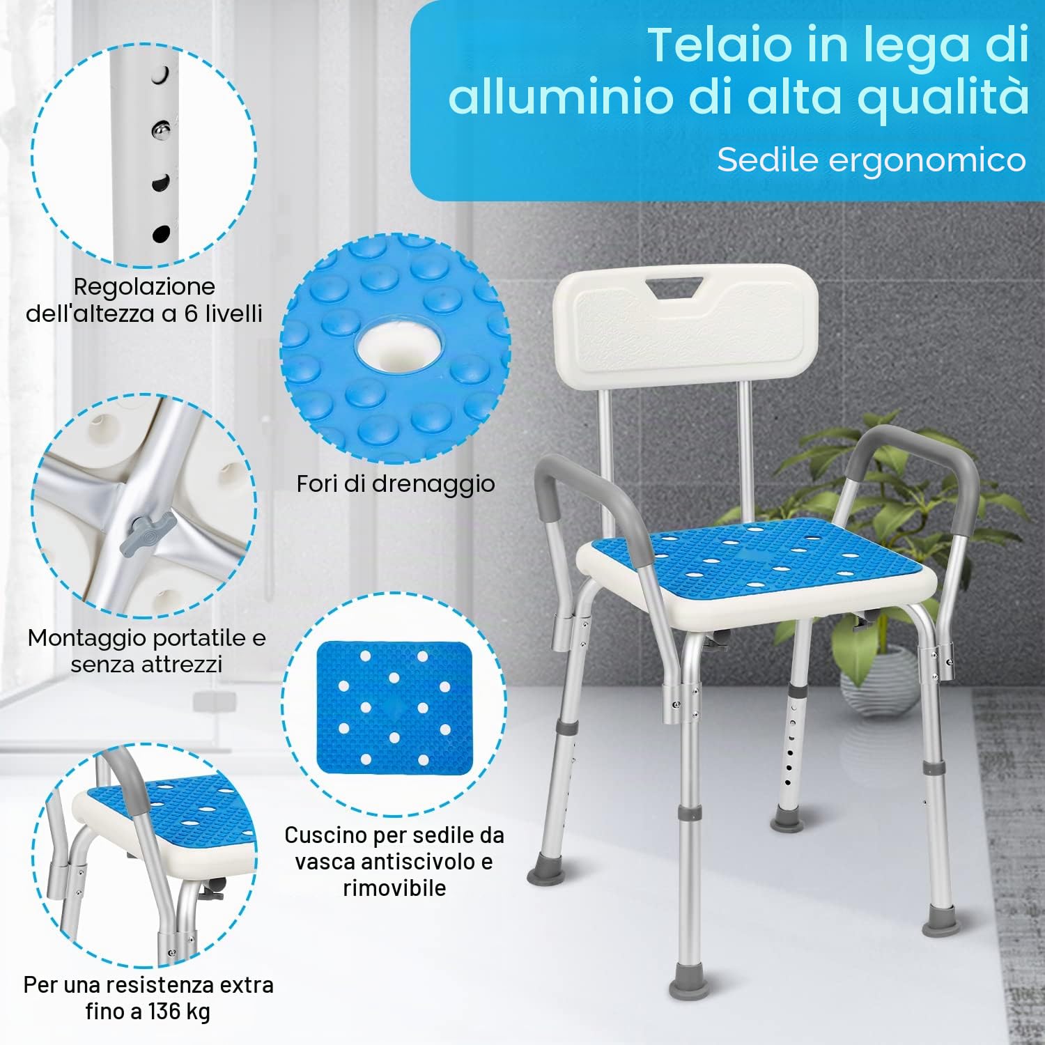 Sgabello da doccia con bracciolo, schienale, antiscivolo, per il bagno e per la doccia, regolabile in altezza, 41-53,5 cm, fino a 136 kg, per anziani e donne incinte (M1-GGP8887c)