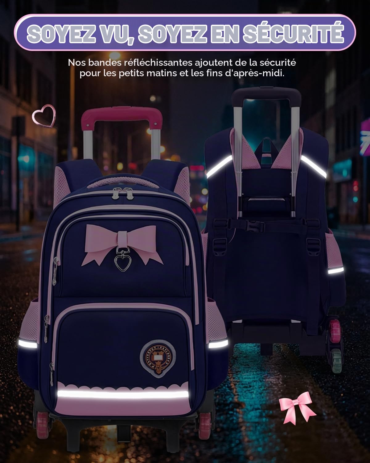 Amythe Cartable à Roulettes Fille Primaire, Bandes Réfléchissantes, Bleu
