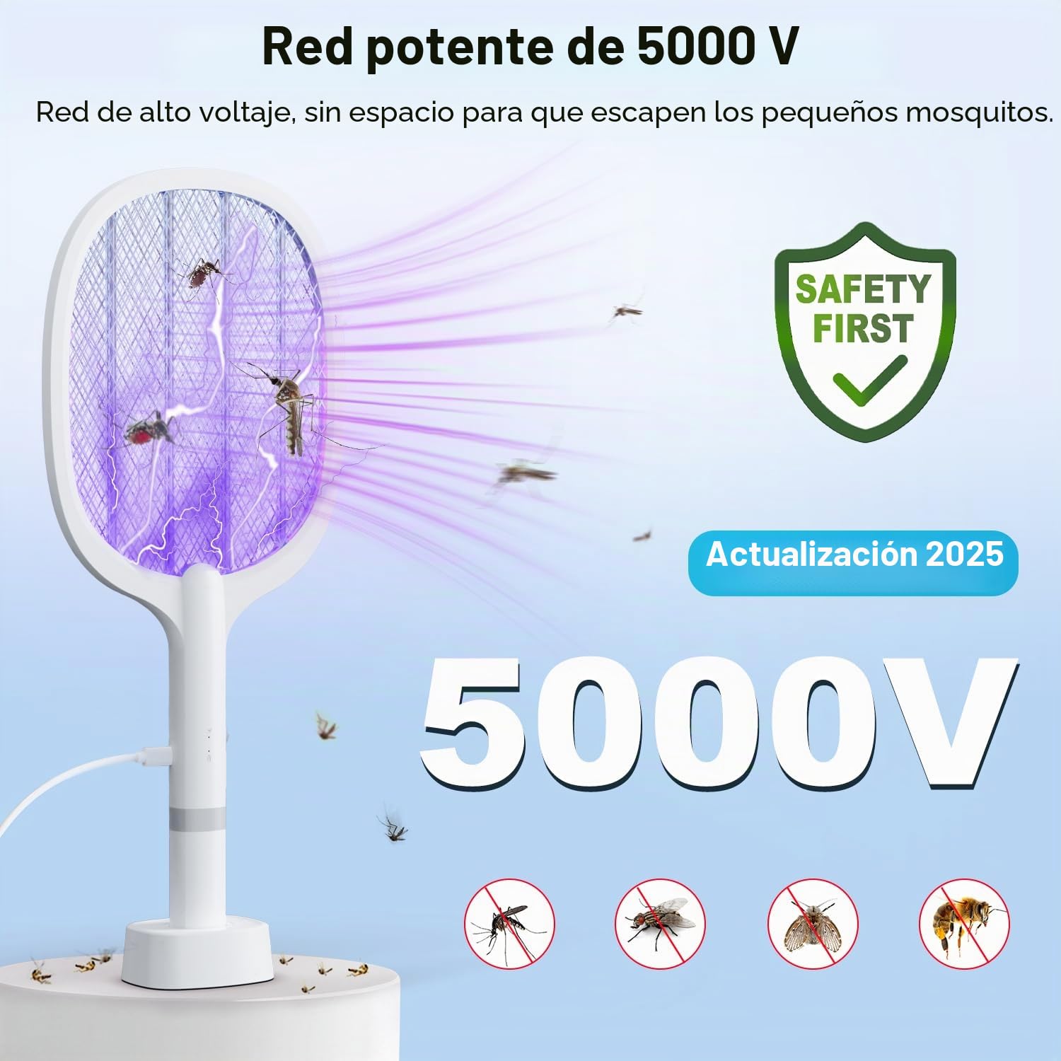5000V Raqueta Matamoscas Eléctrica, 2 en 1 1800mAh Mata Mosquitos Electrico USB Recargable, Raqueta eléctrica con Luz Ultravioleta para Matar Mosquitos