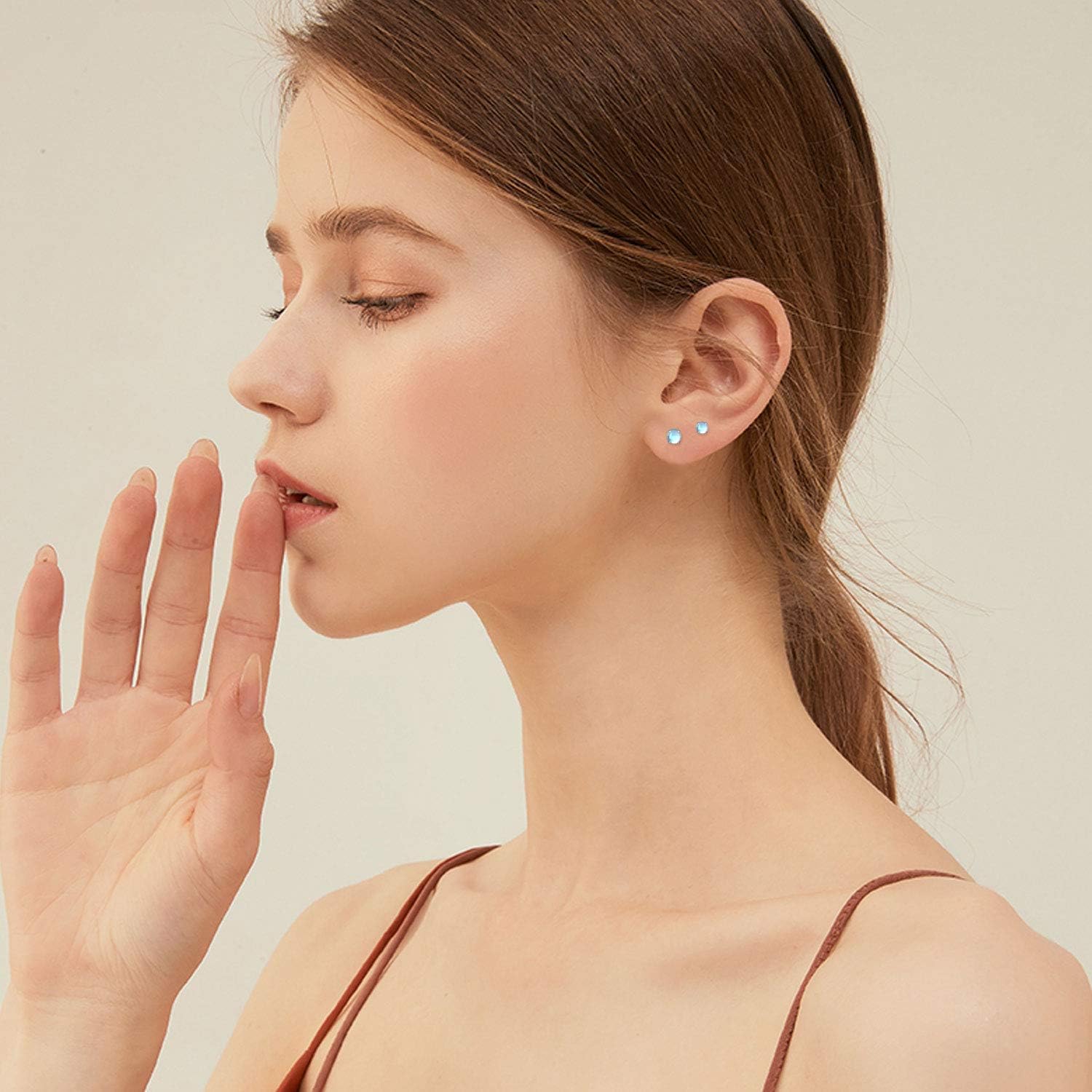 925 Sterling Silver Moonstone Stud Earrings - Synthetic Round Hypoallergenic Jewelry for Women With Sensitive Ears