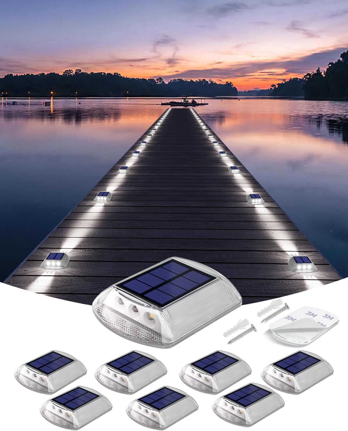 DetarZinLED Deck Lights Solar Powered, 8 Pack White Solar Pathway Driveway Light Outdoor IP68 Waterproof, Stick on & Screw Markers Deck Lights for Dock, Walkway, Sidewalk, Patio, Pool, Garden, Step