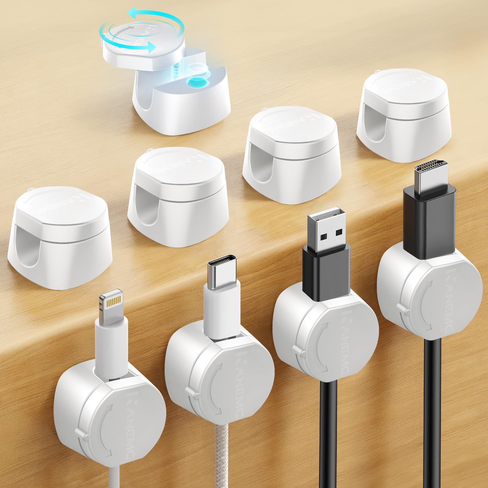 Kanemc Cable Clips Cord Holder for Desk, 360° Spin Magnetic Wire Organizer Self Adhesive Cord Management for Office Desks Cars Home Kitchen Electronic Accessory (White, 9 PCS)