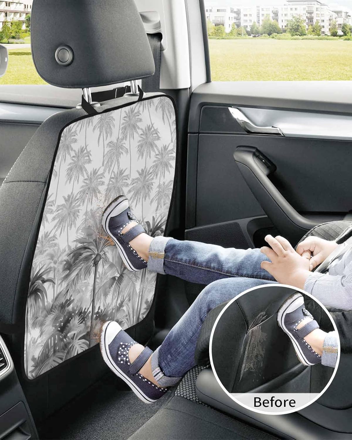 T&H XHome Car Seat Protector, 2 Pack Kick Mats Back Seat Protector Summer Grey Palm Tropical Plants Hand Painting Waterproof Backseat Cover for Kids Universal Fit Automotive Interior Protectors