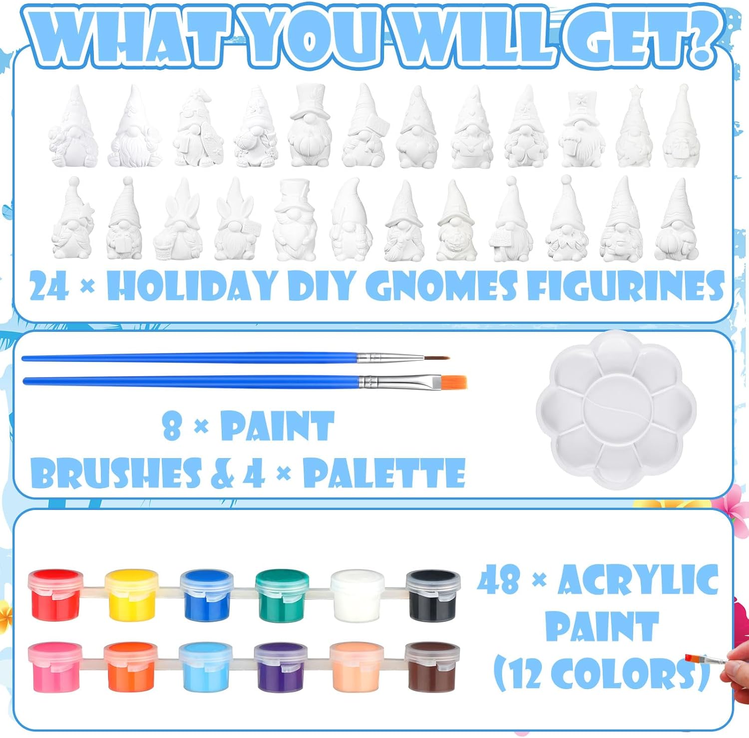 Sinmoe 24 Pcs Holiday Seasonal Paint Your Own Ceramics Gnomes Valentines Decor Paintable Figurines Ceramics to Draw for Adults Paintable Blank Gnomes Statues Plaster Figurines with Brush Palette Paint