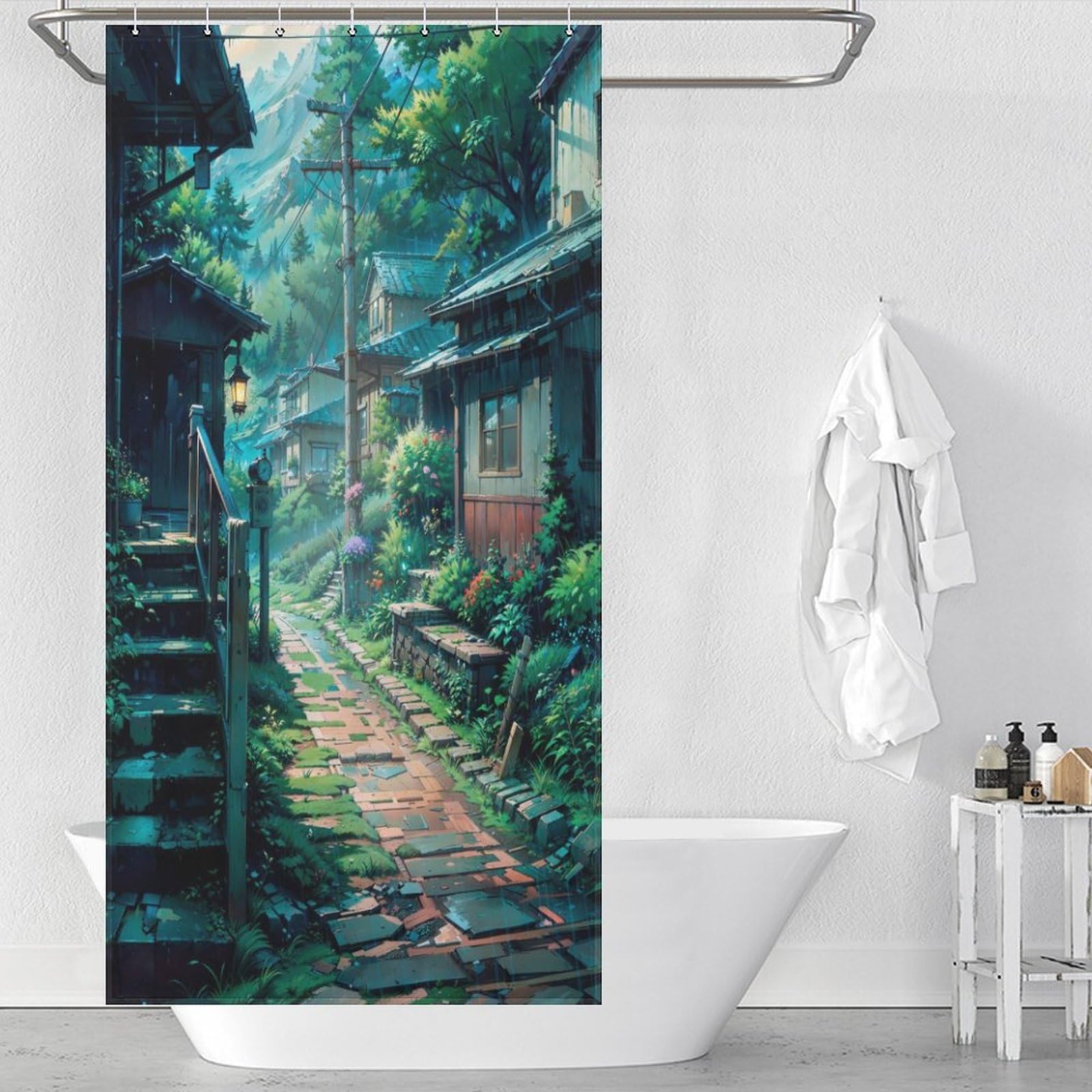 Rideau de douche Rainy Street en polyester déperlant pour baignoire 90x180cm