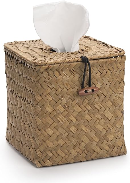 Seagrass Square Tissue Box Cover Woven Napkin Holder Decorative for Bathroom Farmhouse (Natural, 14 x 14 x 14 cm)