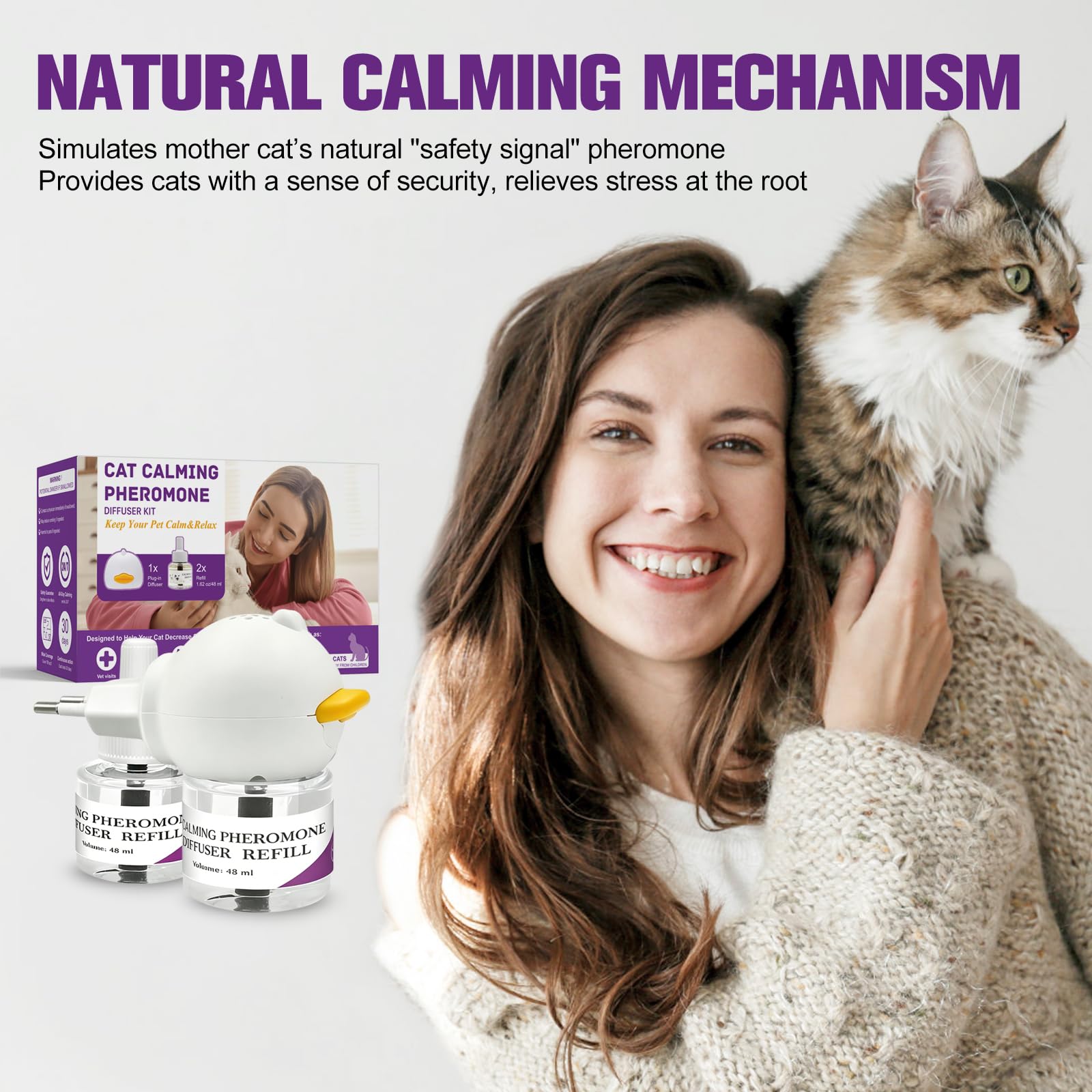 Difusor de Feromonas Calmantes para Gatos, 1 Difusor + 2 Recargas (48ml Cada una), 60 Días de Efecto Duradero, Sin Fármacos y Sin Olor, Alivia Ansiedad, Reduce Peleas, Detiene Orinar y Rascar (1)