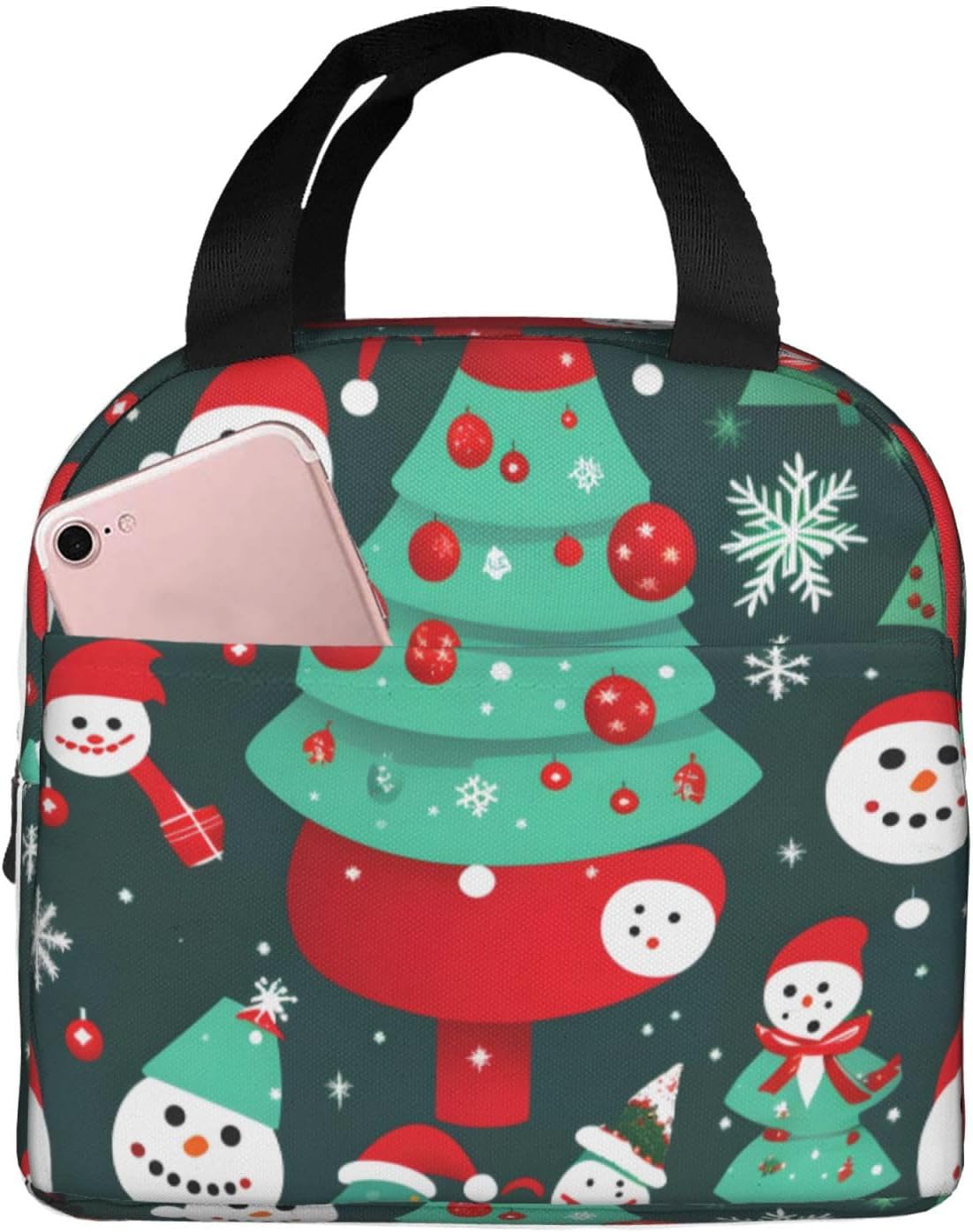 Christmas Tree and Snowman Print Lunch Box Adult for Women Men Reusable Insulated Lunch Tote Bag for Work Picnic