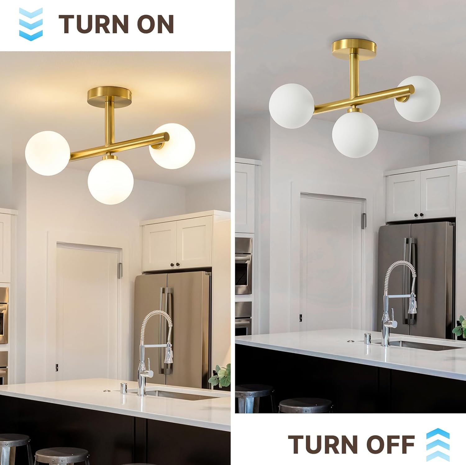 Globe Milk Glass Ceiling Light: Gold 3 Lights Sputnik Chandelier - Linear Mid Century Modern Semi Flush Mount Ceiling Light - 13 Inch Brass Lighting Fixture with Sphere Shade for Bedroom Living Room