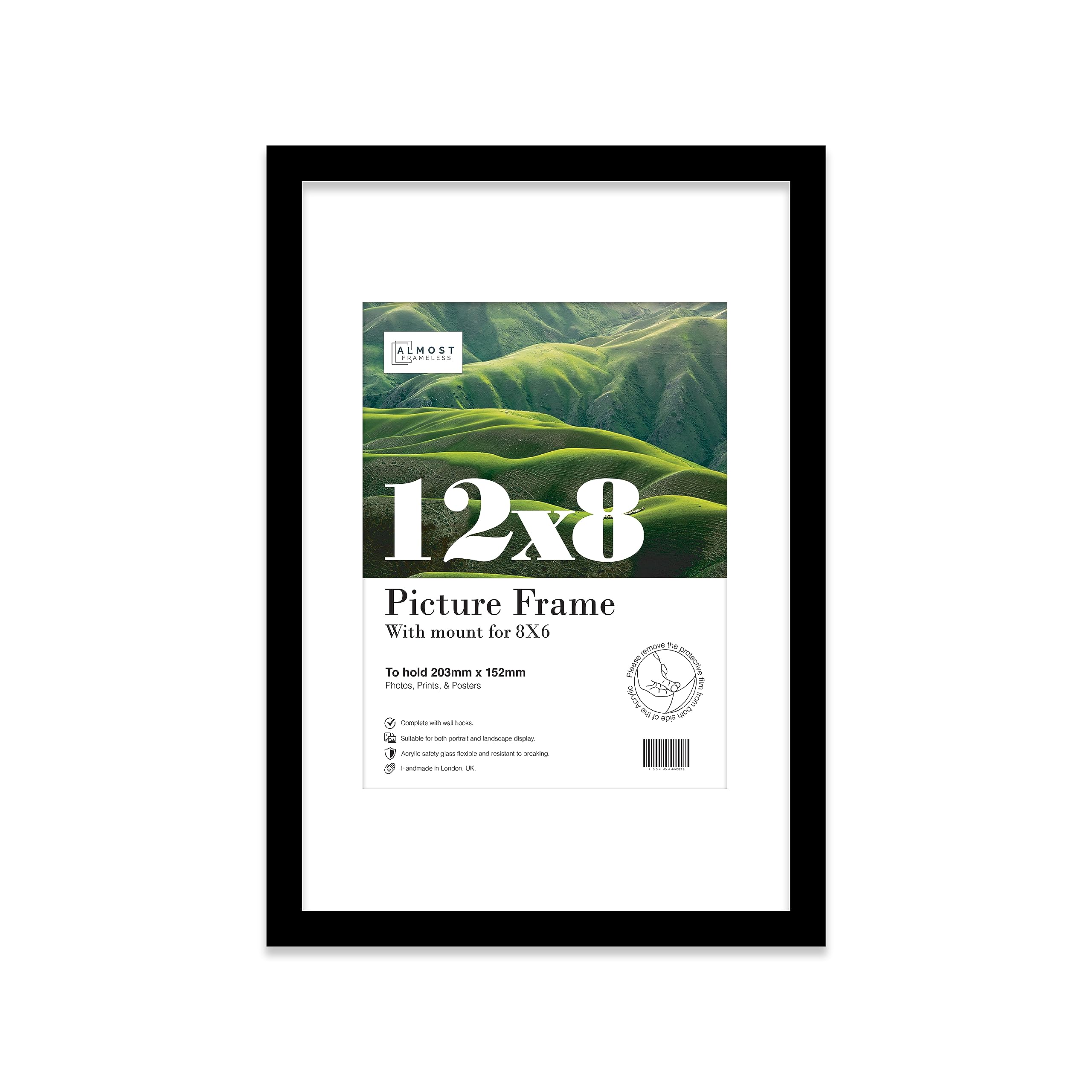 Almost Frameless 12x8 Black Picture Frame With Mount for 8x6 Print, Poster or Photo Poster, Photo, Artwork, or Print. Thin Edge Slim Frame Portrait and Landscape Display with Wall Hooks
