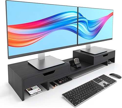 Epesoware Soporte de monitor con 2 cajones para escritorio, soporte de bambú para monitor doble con almacenamiento, organizador de estante de